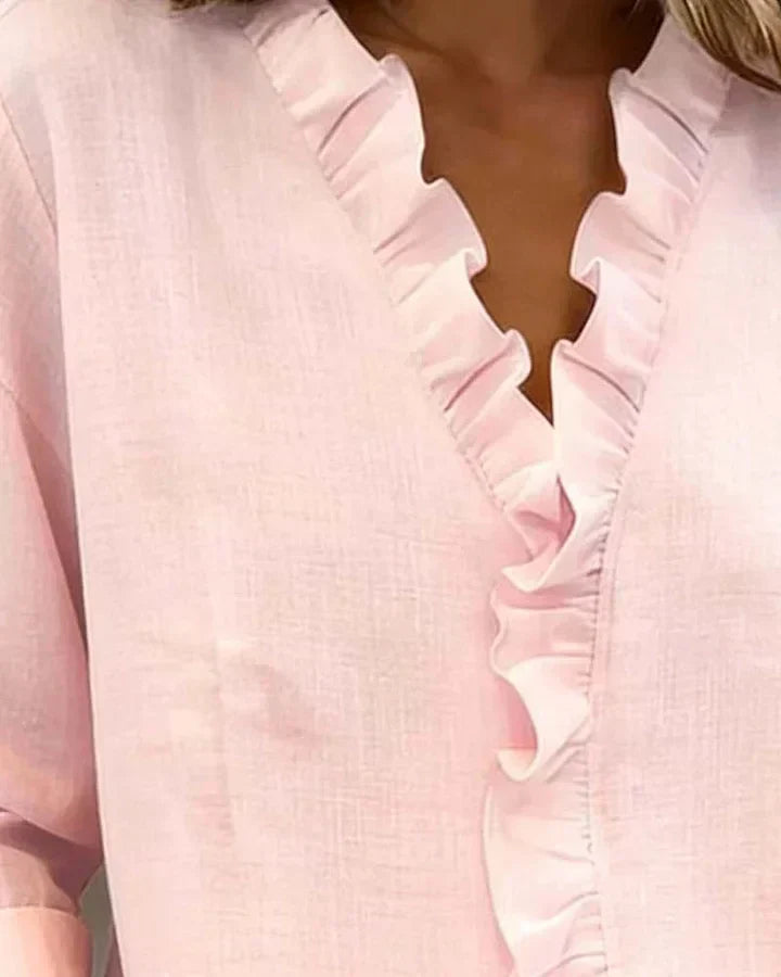 Inés | Blusa con Volantes, Escote en V y Manga Larga
