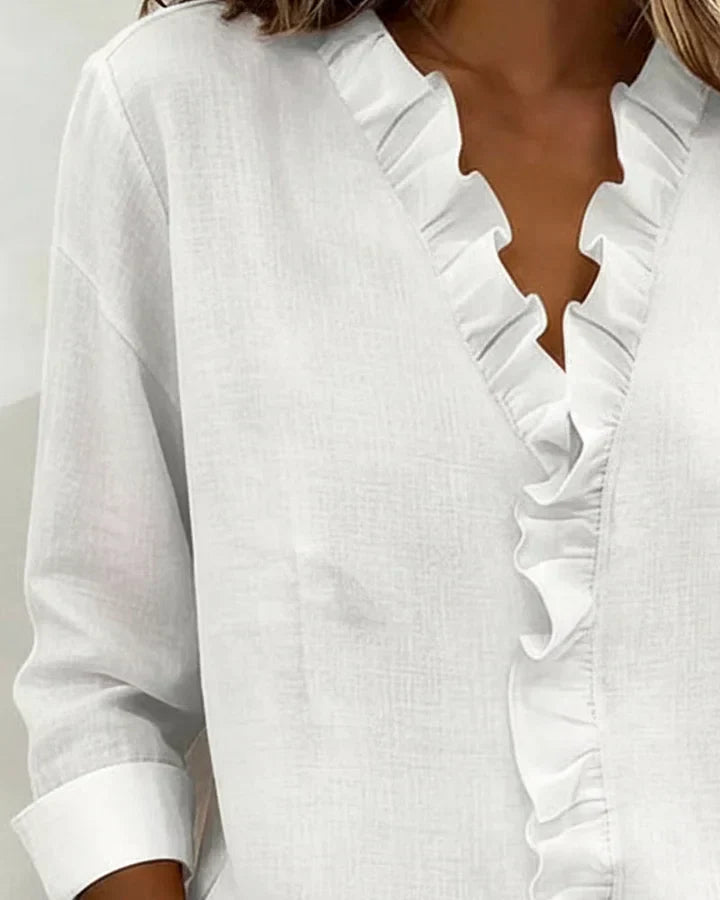 Inés | Blusa con Volantes, Escote en V y Manga Larga
